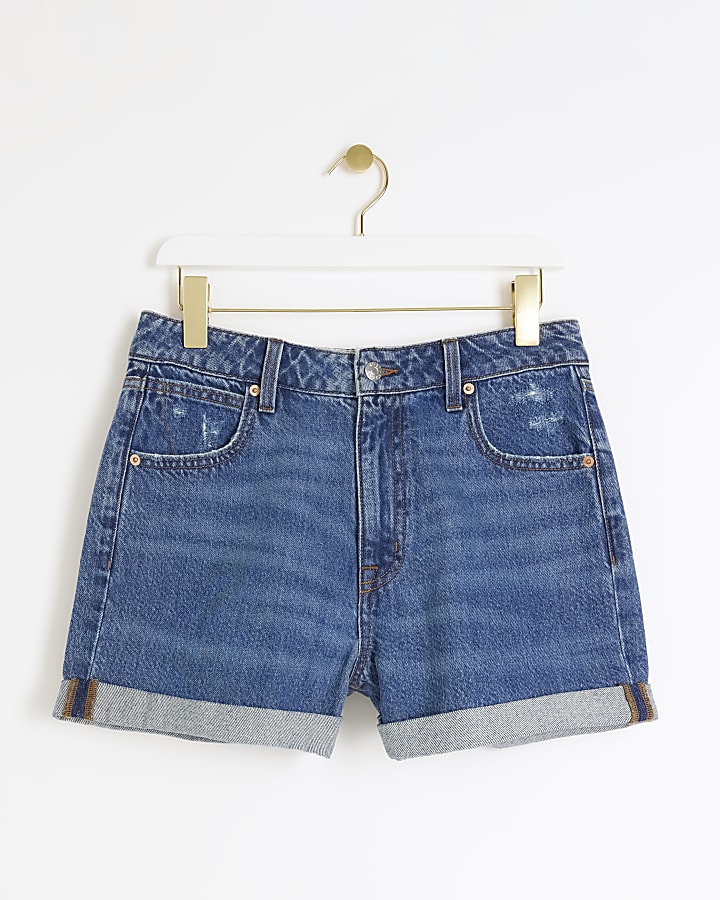 Blue mid rise ripped denim shorts