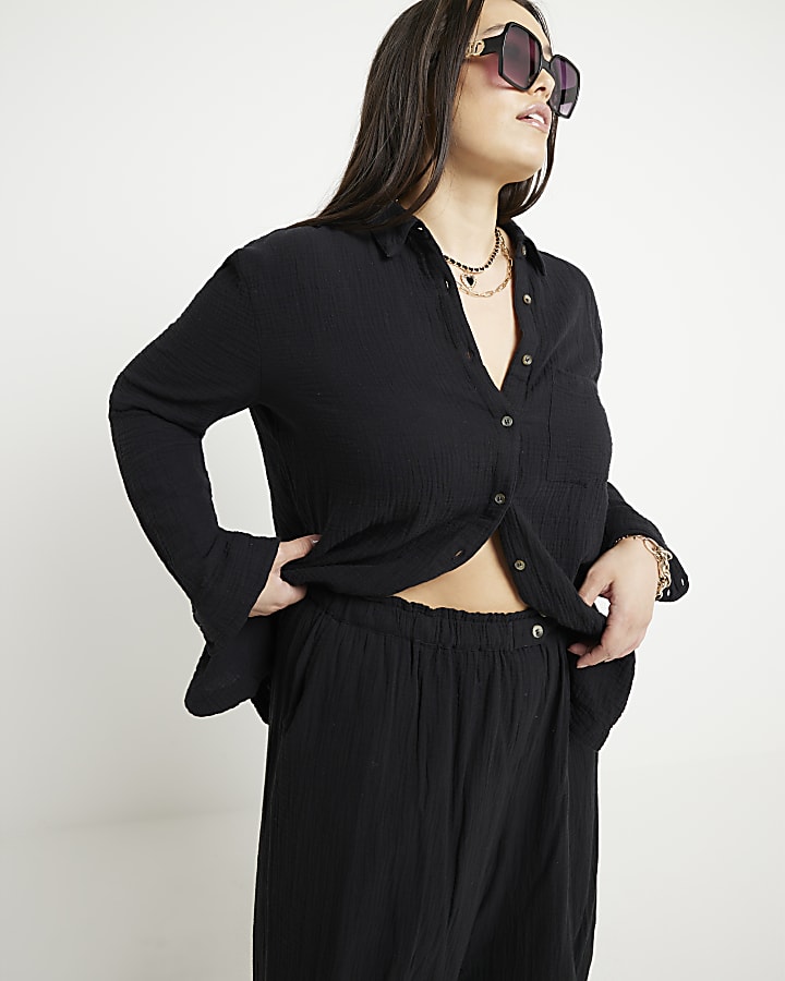 Plus black textured long sleeve shirt