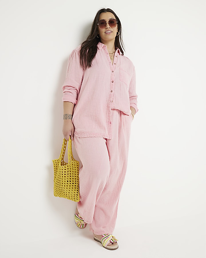Plus pink elasticated wide leg trousers