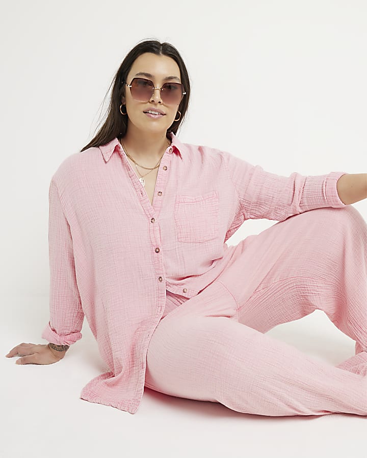 Plus pink elasticated wide leg trousers