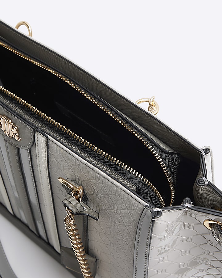 Grey embossed monogram chain tote bag