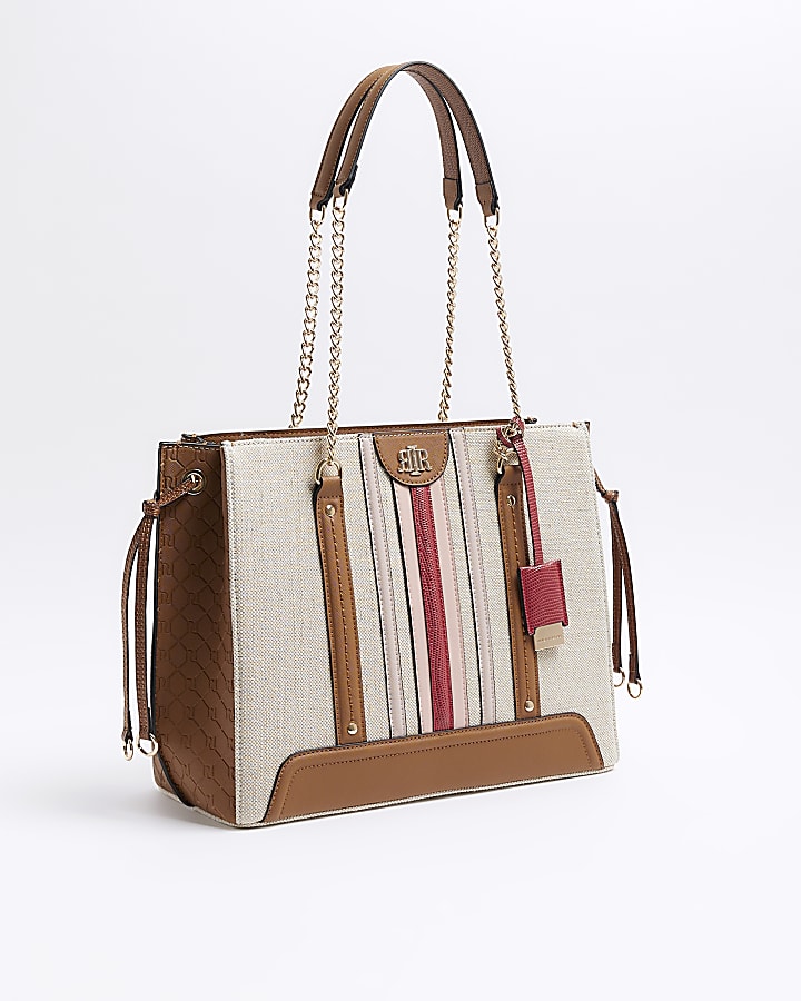 Beige canvas chain shopper bag