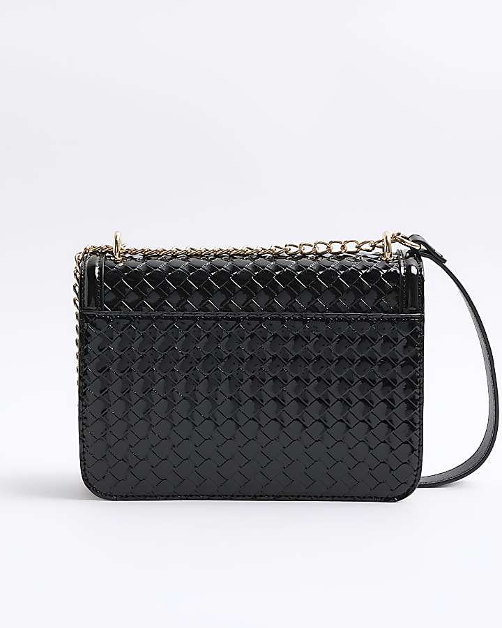 Black embossed woven satchel bag