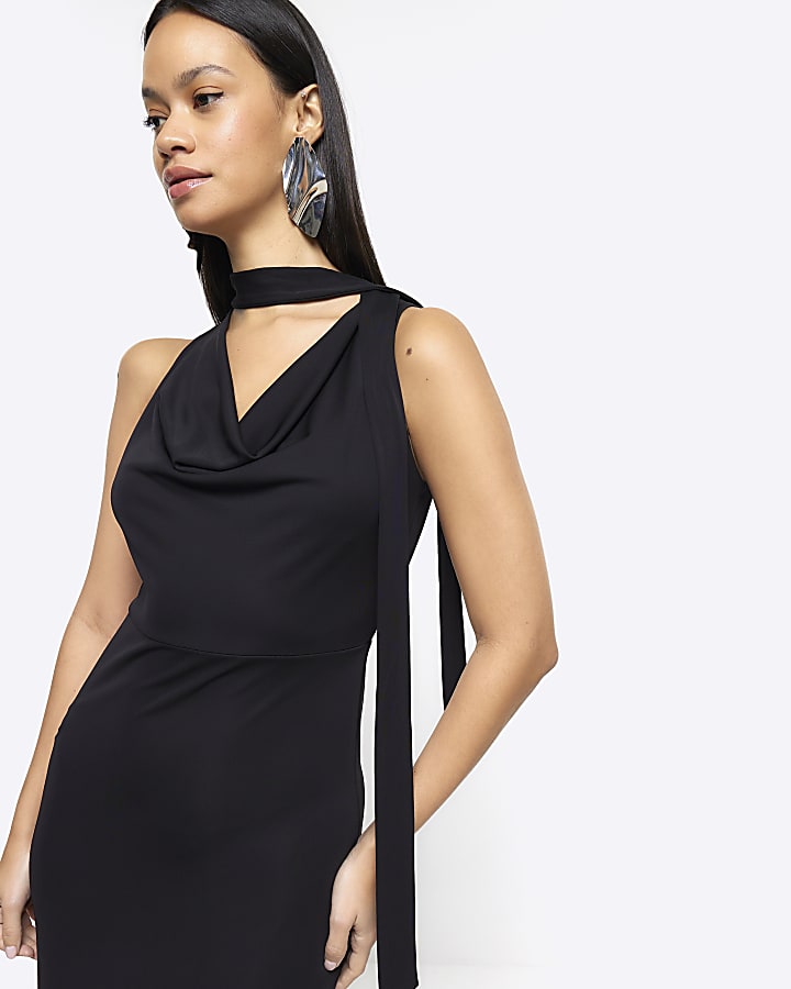 Black scarf detail slip midi dress