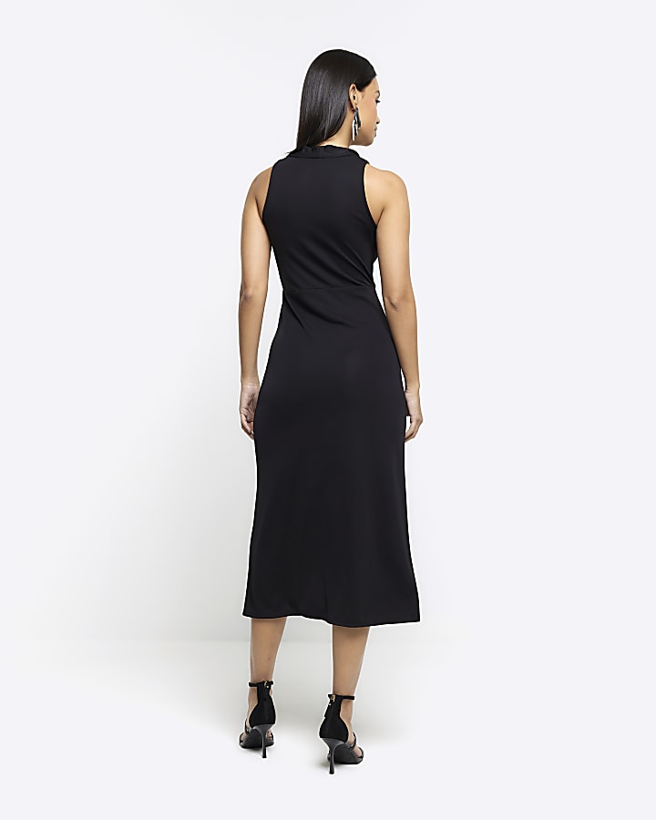Black scarf detail slip midi dress