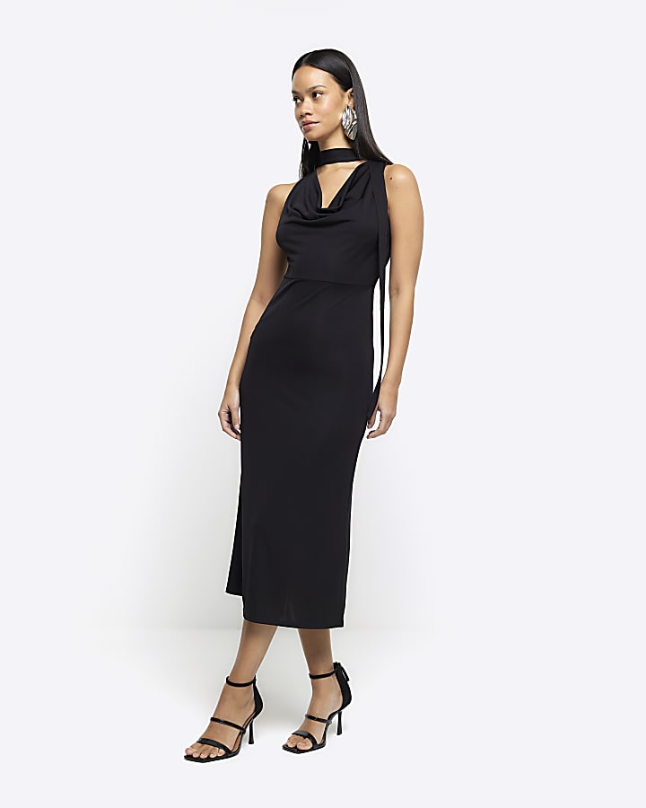 Black scarf detail slip midi dress