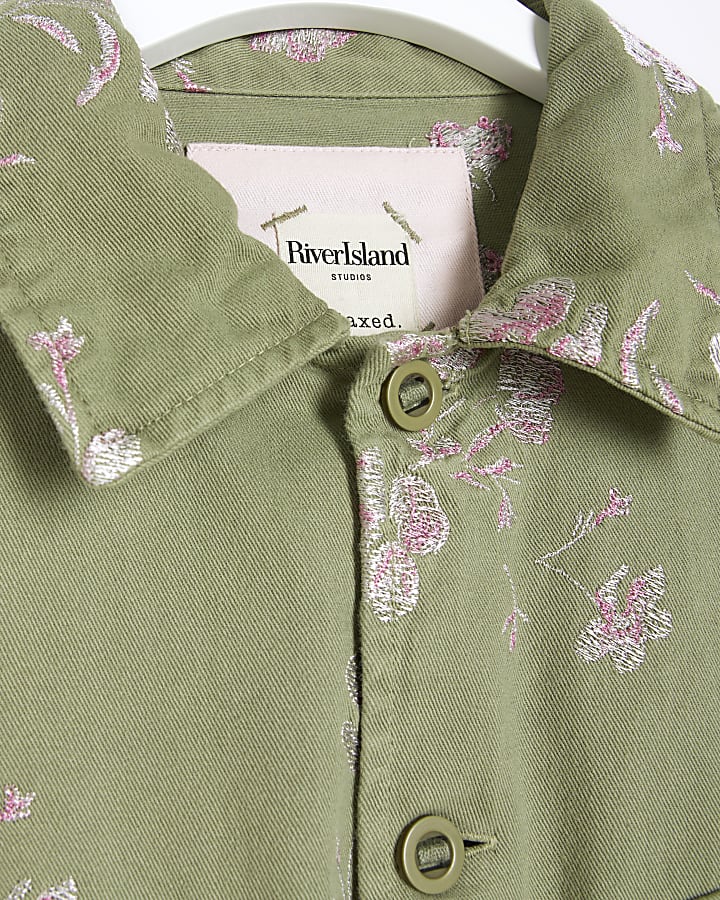 Khaki embroidered floral utility shacket