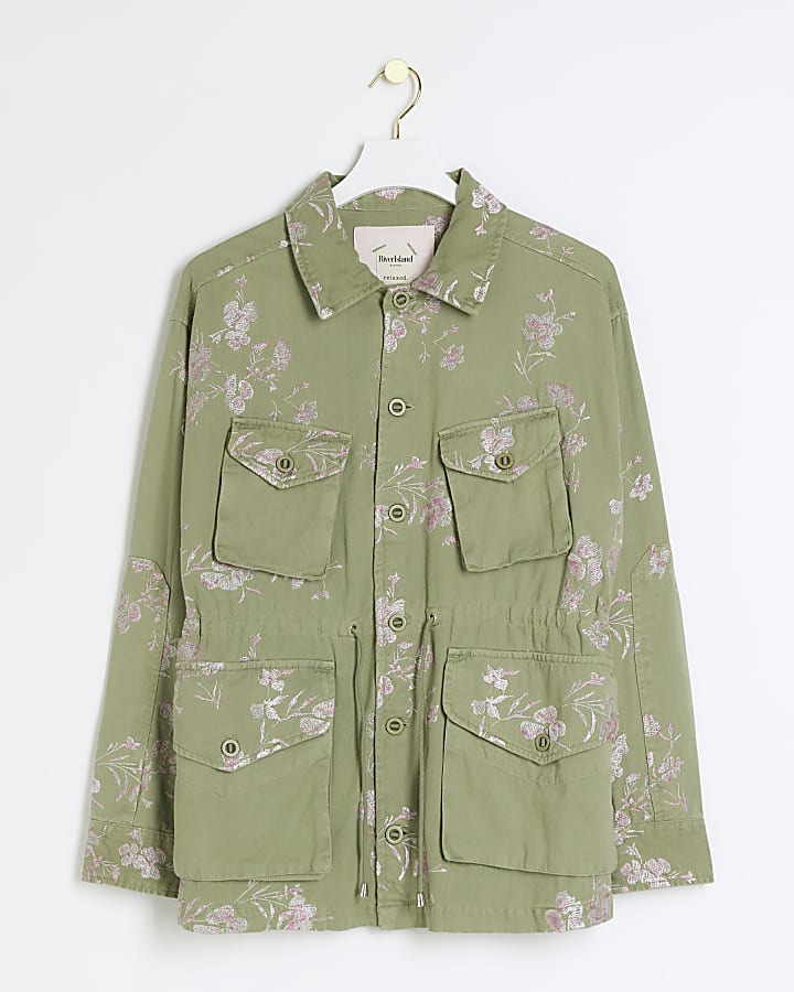 Khaki embroidered floral utility shacket