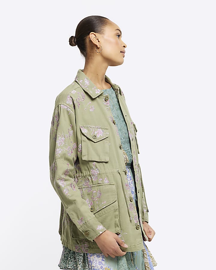 Khaki embroidered floral utility shacket River Island