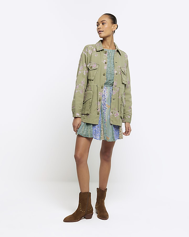 Khaki embroidered floral utility shacket