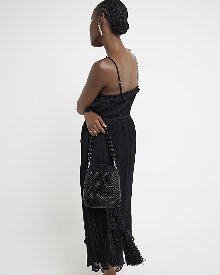 Black pleated pearl ruffle midi dress