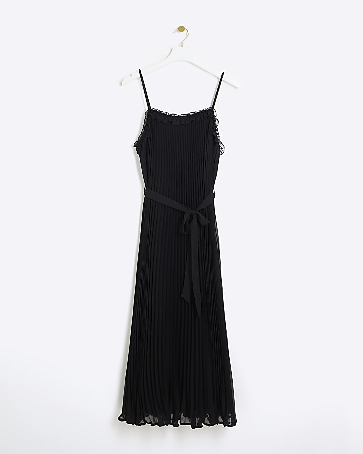 Black pleated pearl ruffle midi dress