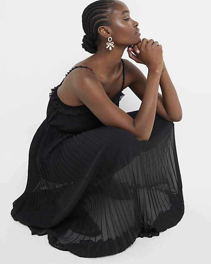 Black pleated pearl ruffle midi dress