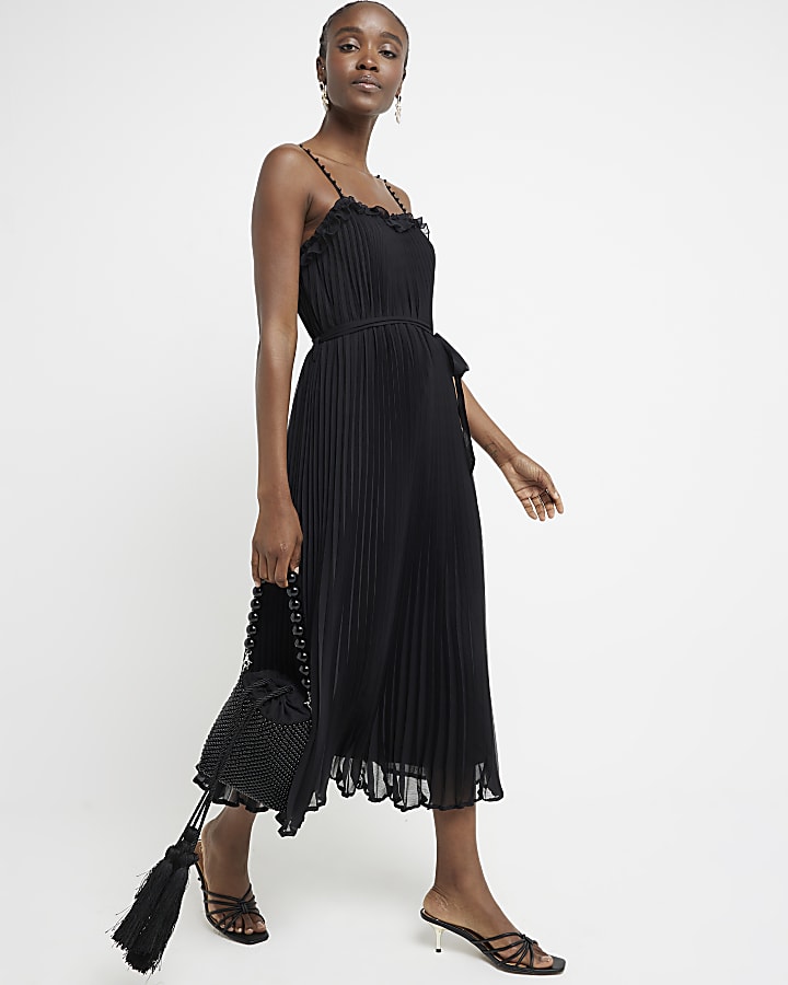 Black pleated pearl ruffle midi dress River Island