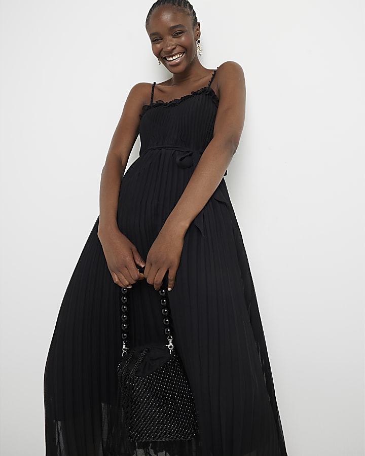 Black pleated pearl ruffle midi dress