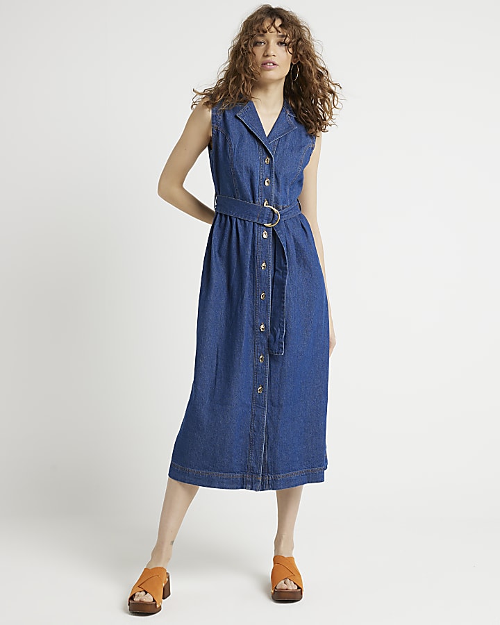 Blue Belted Denim midi shirt Dress