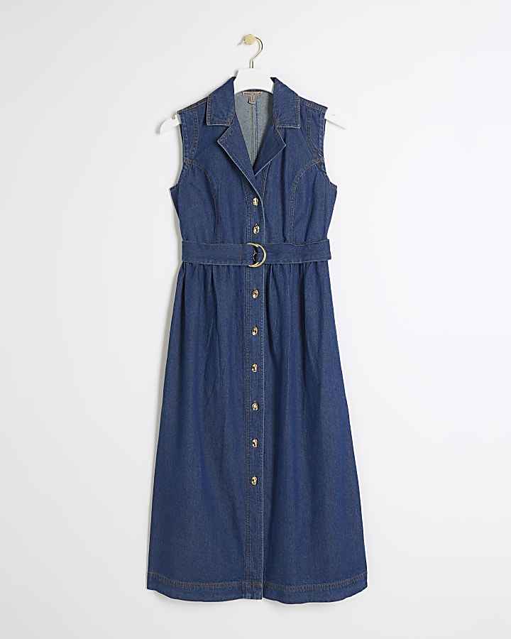 Blue Belted Denim midi shirt Dress