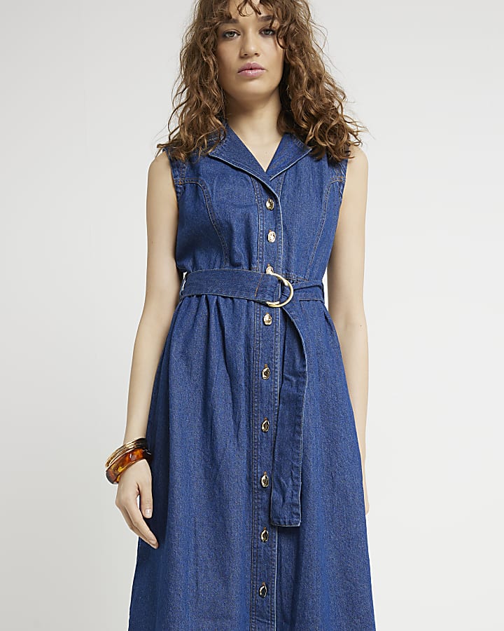 Blue Belted Denim midi shirt Dress