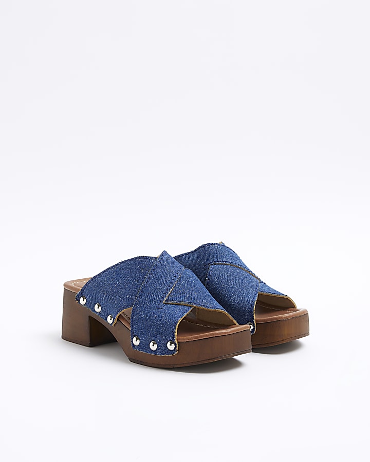 Blue denim studded clog sandals