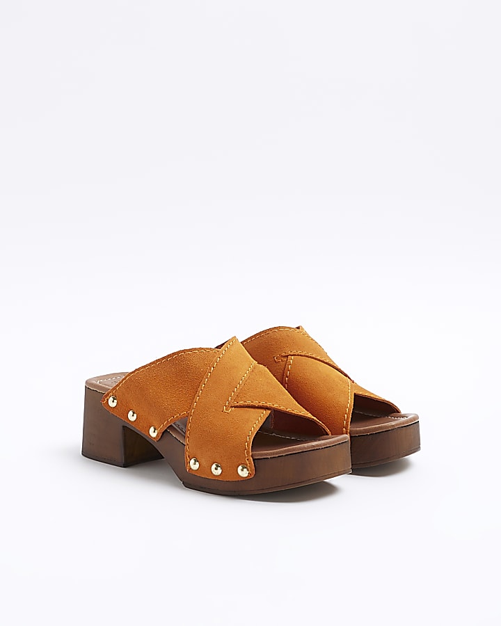 Orange suede studded clog sandals