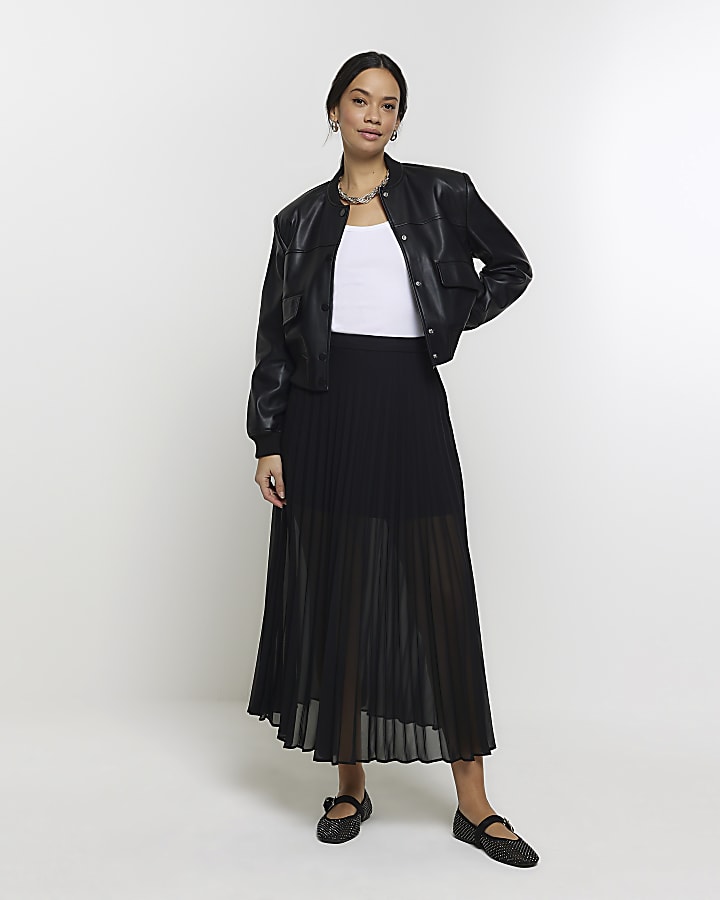 Black pleated sheer midi skirt River Island