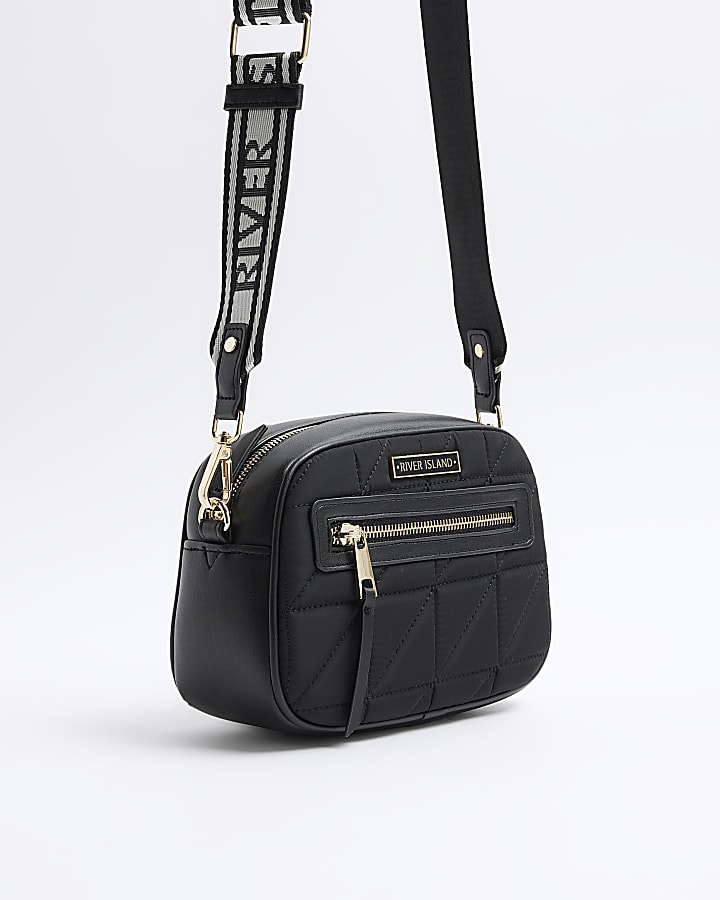 Black quilted camera cross body bag