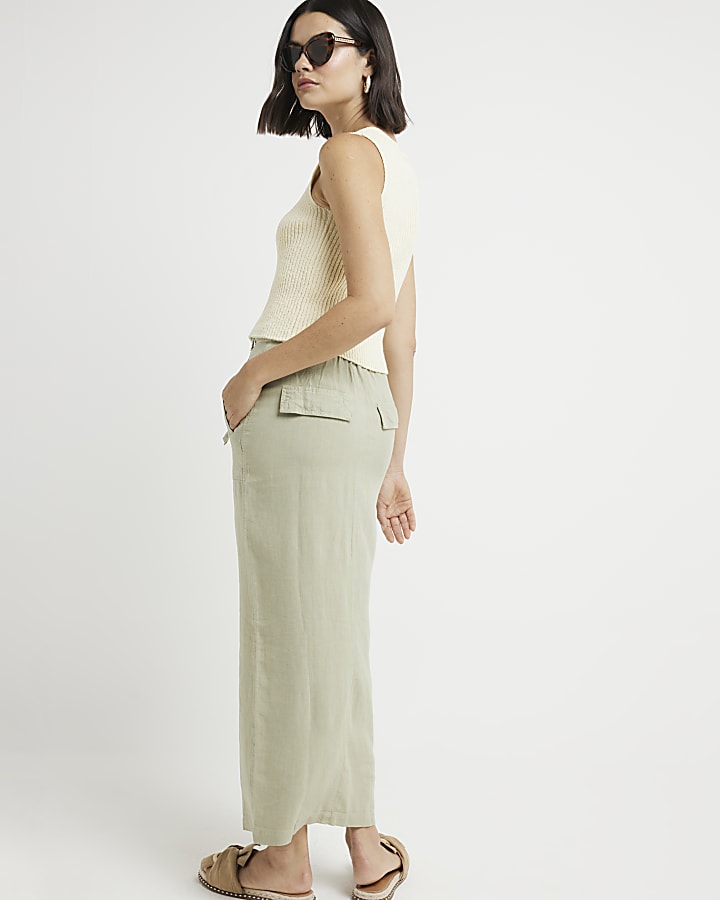 Khaki linen blend belted maxi skirt