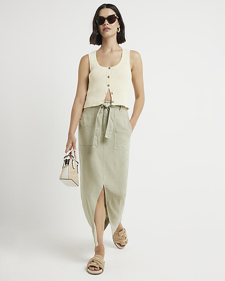 Khaki linen blend belted maxi skirt