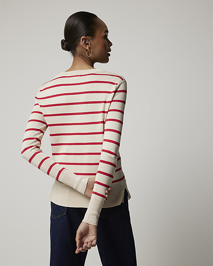 Red stripe knit long sleeve top