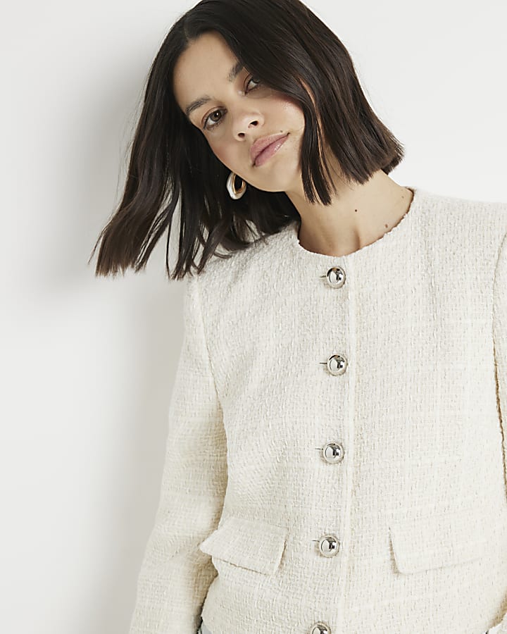 Cream boucle crop trophy jacket