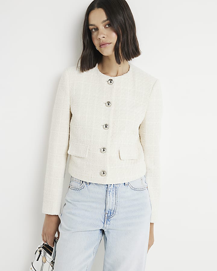 Cream boucle crop trophy jacket