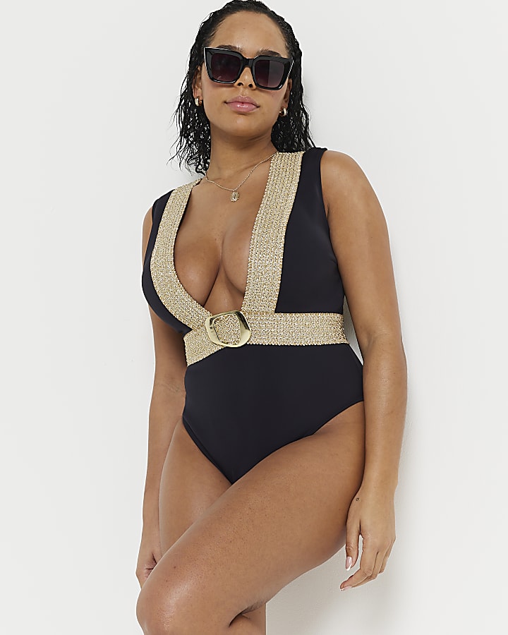 Black fuller bust elastic buckle swimsuit River Island