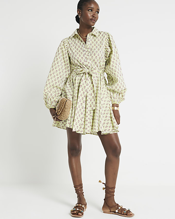 Green stripe puff sleeve mini shirt dress