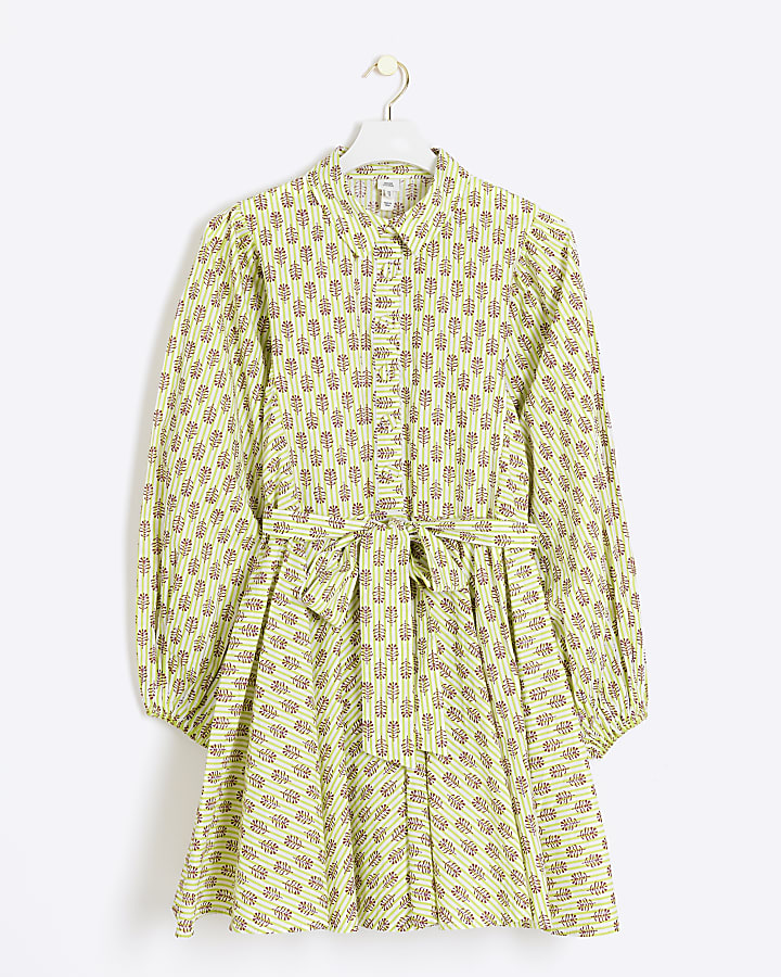 Green stripe puff sleeve mini shirt dress