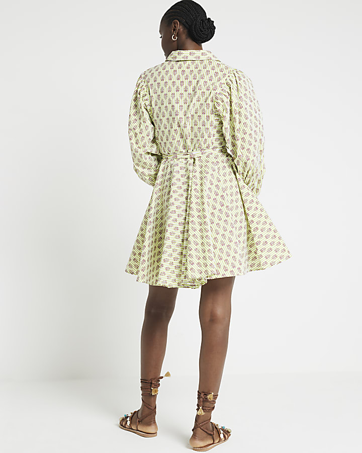 Green stripe puff sleeve mini shirt dress