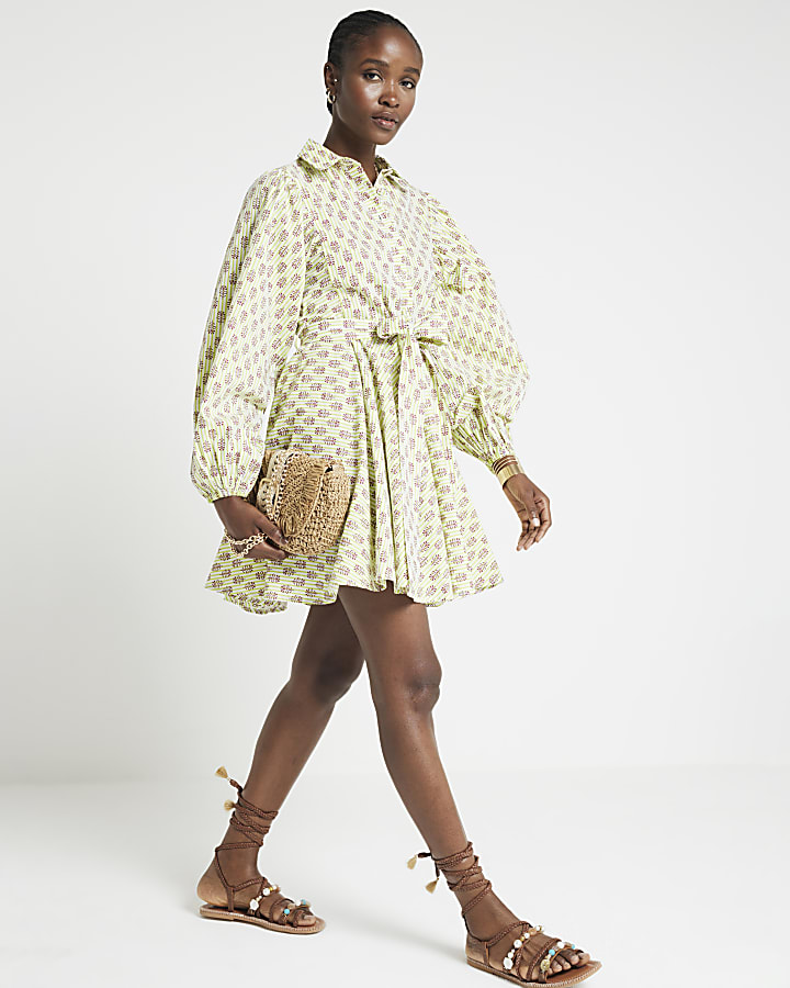 Green stripe puff sleeve mini shirt dress River Island