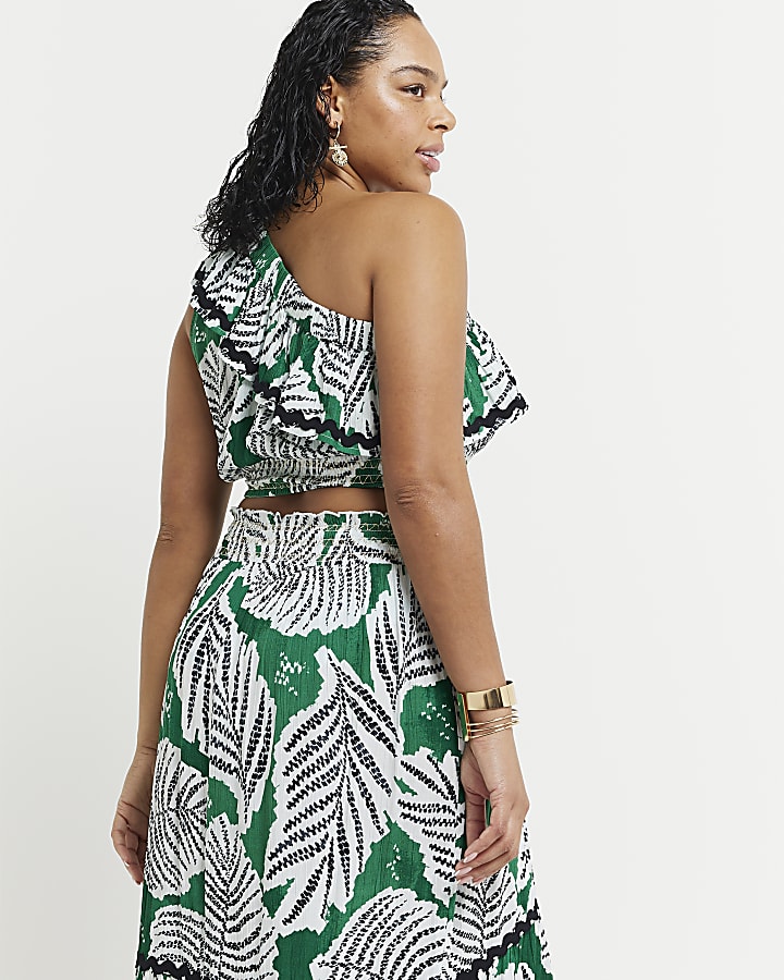 Green One Shoulder Leaf Print Crop Top