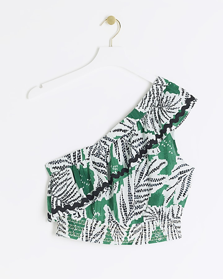 Green One Shoulder Leaf Print Crop Top