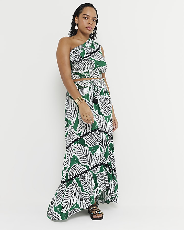 Green One Shoulder Leaf Print Crop Top