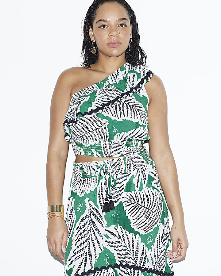 Green One Shoulder Leaf Print Crop Top