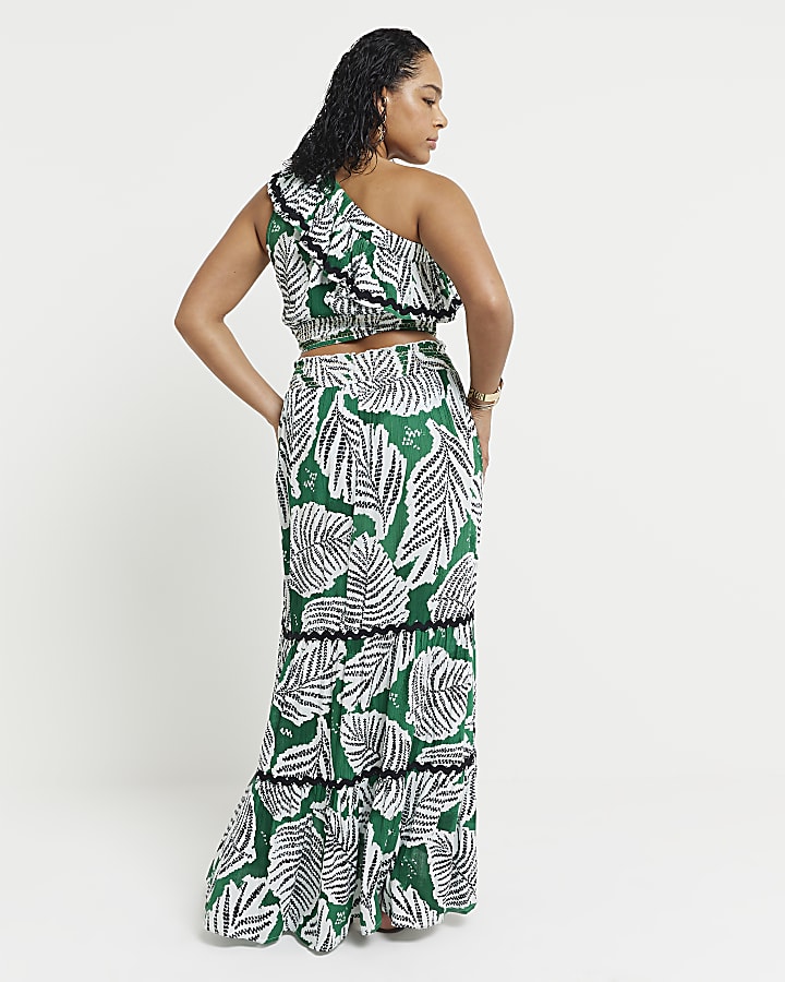 Green Leaf Print Maxi Skirt