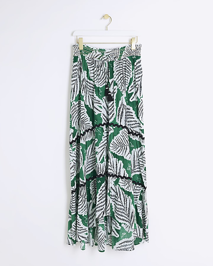 Green Leaf Print Maxi Skirt