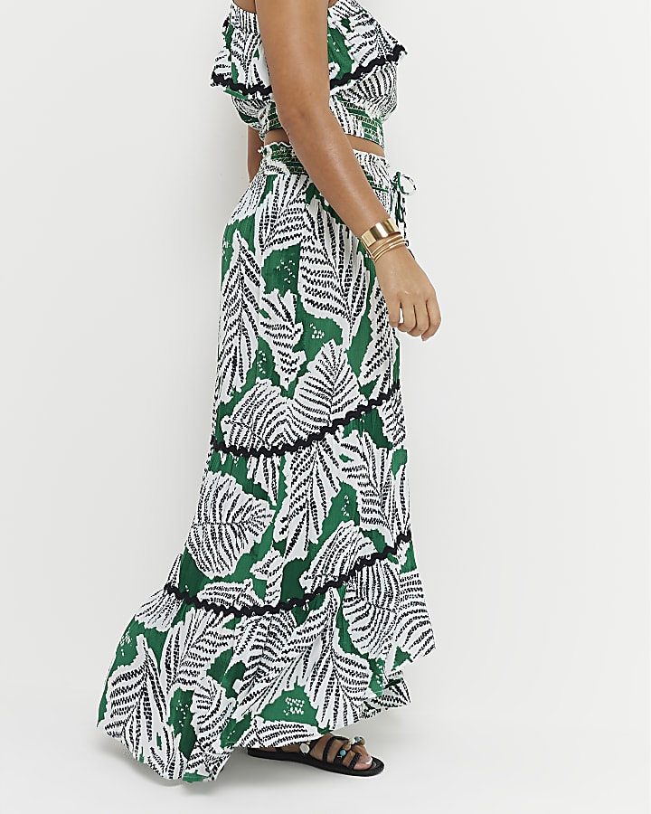 Green Leaf Print Maxi Skirt