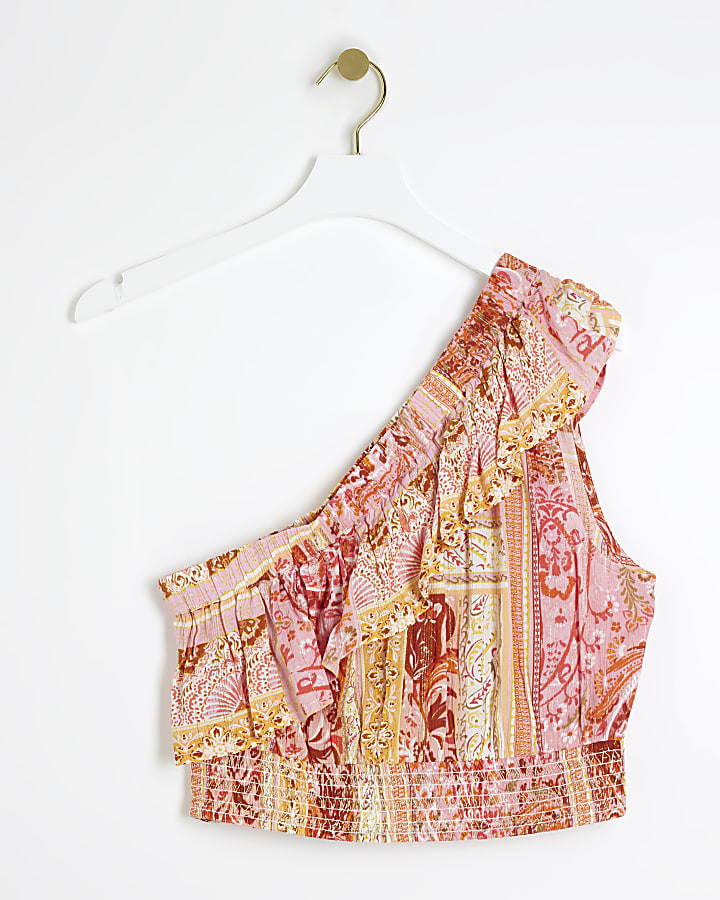 Coral paisley one shoulder beach top