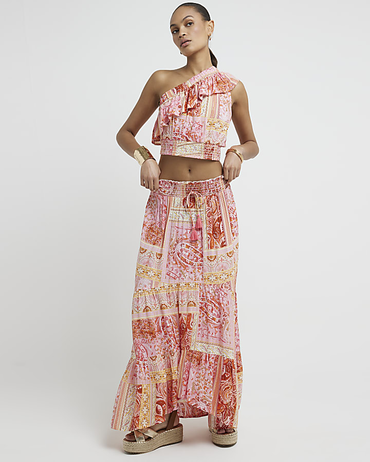 Coral paisley beach maxi skirt