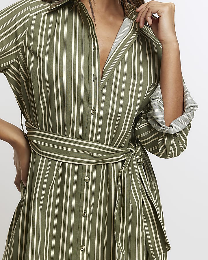 Khaki stripe belted midi shirt dress