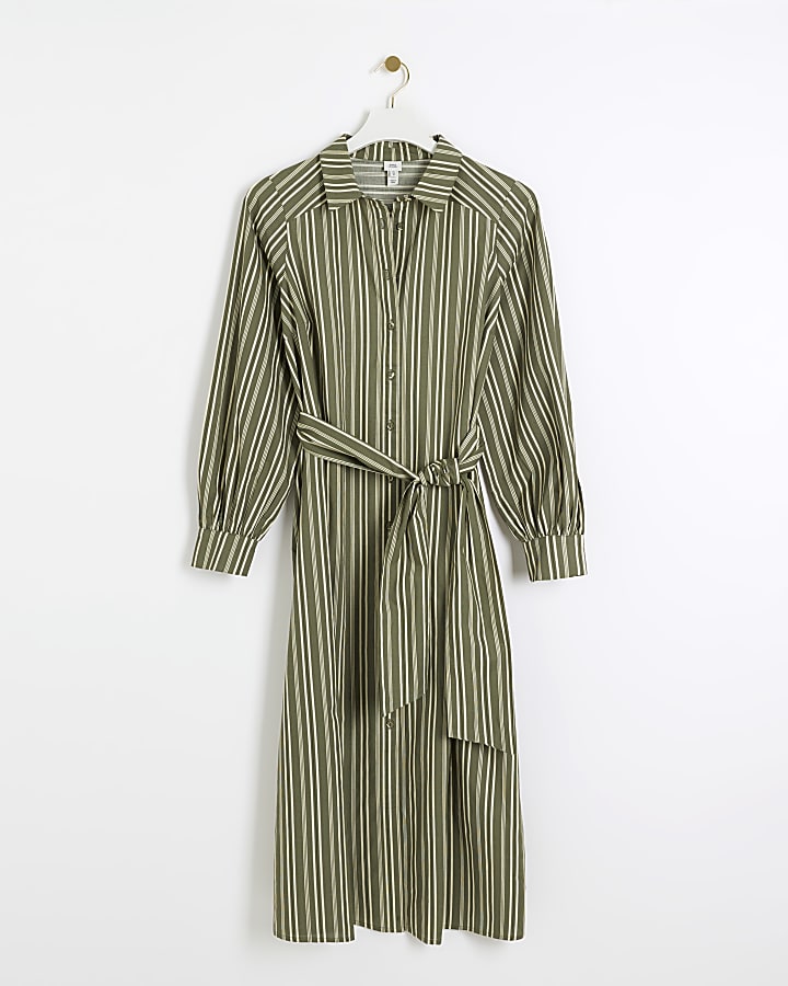 Khaki stripe belted midi shirt dress