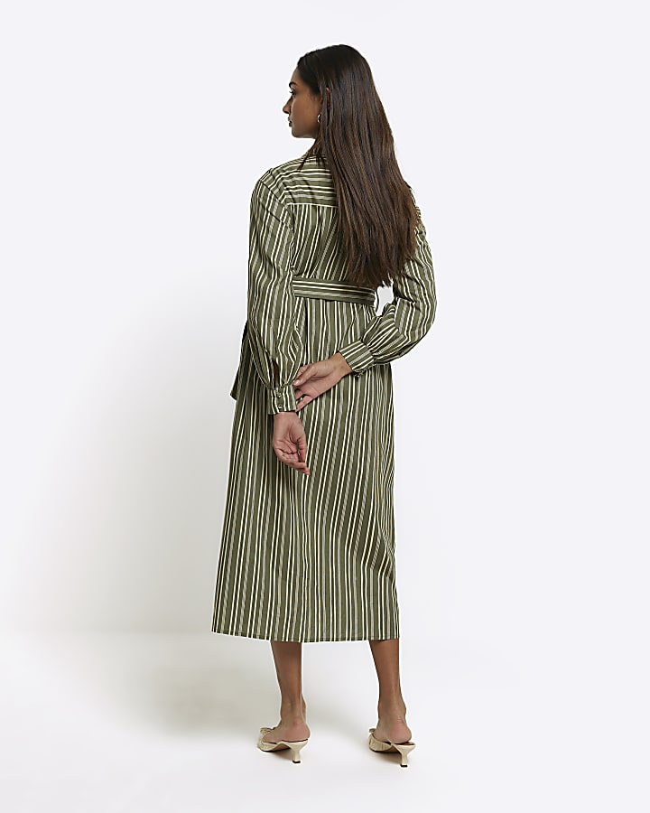 Khaki stripe belted midi shirt dress