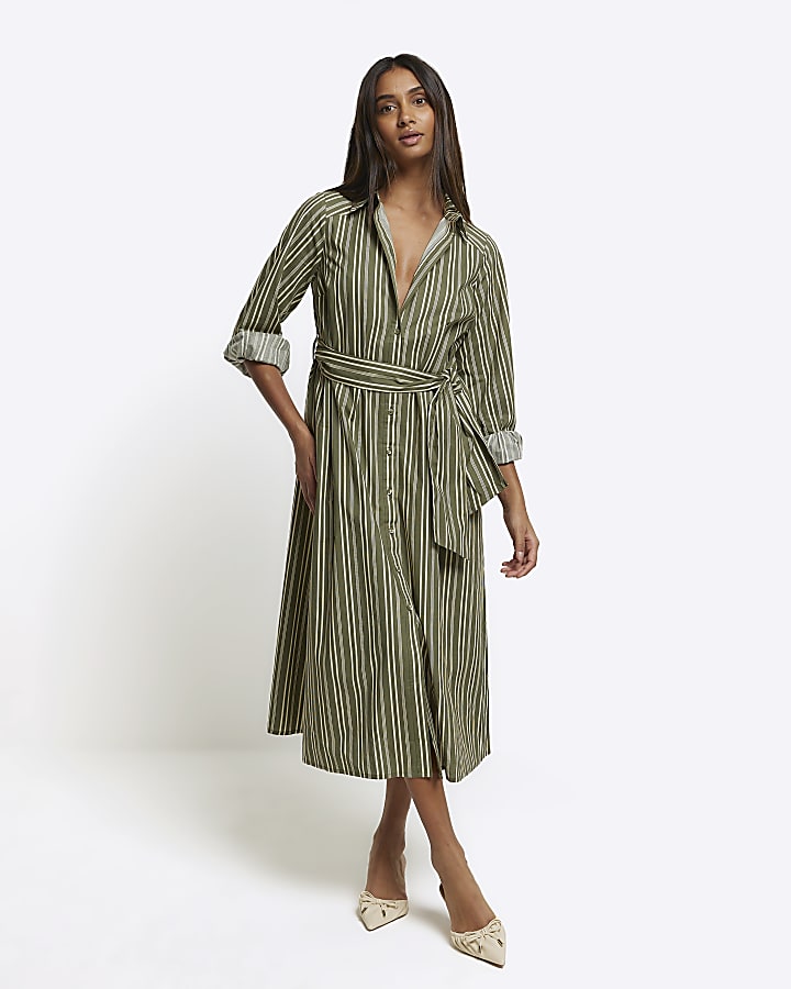 Khaki stripe belted midi shirt dress