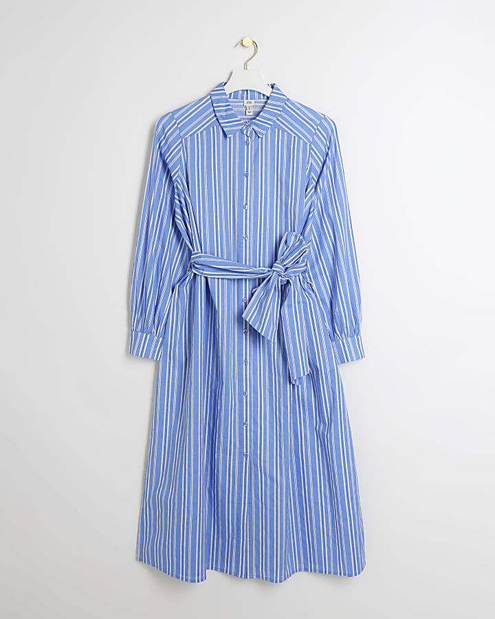 Blue balloon stripe midi shirt dress